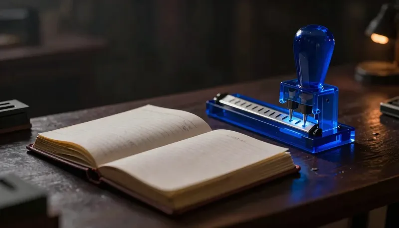 A miniature open logbook beside a glowing blue pressing die stamping entries into a sealed, unalterable metal strip, showing what an audit trail locks in.
