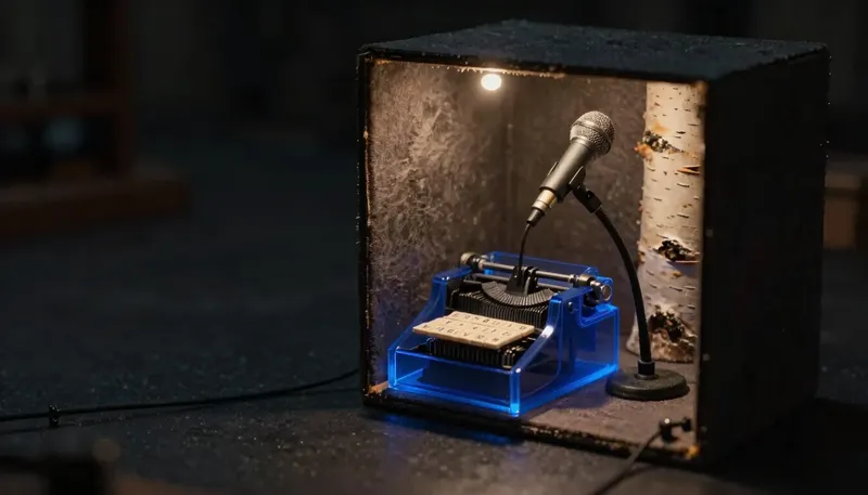A miniature microphone booth wired to a glowing blue letter-punching press, showing automatic speech recognition turning spoken sound into text.