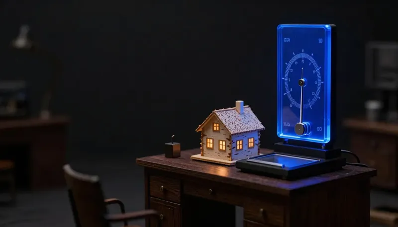 A miniature desk shows a house model weighed on a glowing blue gauge whose needle sits inside a range band instead of one number, depicting an automated valuation as a price with a confidence range.