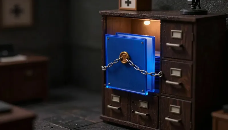 A miniature office shows a glowing blue sealed contract folder chained to a filing cabinet holding patient records, depicting a business associate agreement as the contract binding a vendor to protect that data.