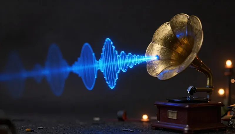 A second small horn cuts sharply into a stream of glowing blue soundwave tiles from a larger horn, illustrating a caller interrupting a voice assistant mid-sentence.