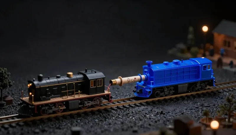 A miniature model shows two identical engine platforms with one lever ready to slide the output pipe from the running one to a glowing blue standby, depicting blue-green deployment as one switch and instant rollback.