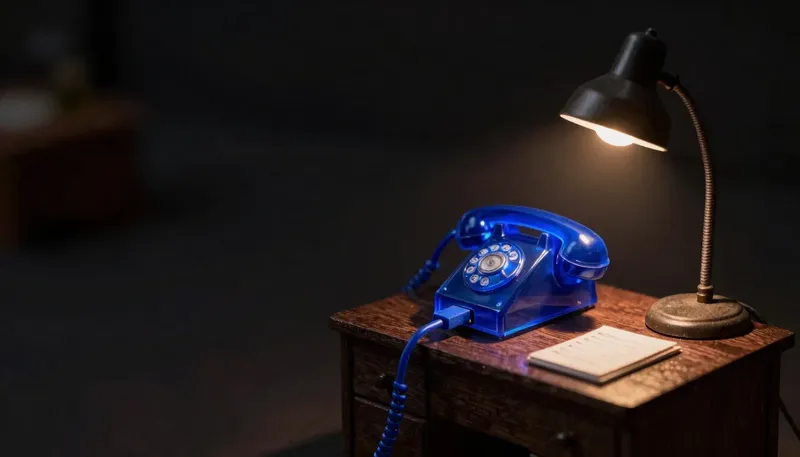 A miniature switchboard shows a glowing blue phone terminal's cable being moved from its own jack into a human operator's jack, depicting the moment a voice agent hands the call to a person.