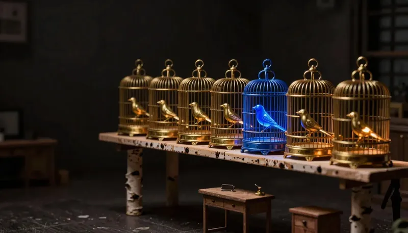 A figure watches one glowing blue bird in a row of nine plain brass birdcages before opening the others, illustrating a small test release watched before a full rollout.