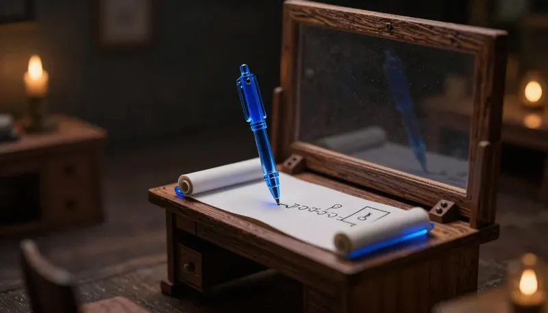 A miniature drafting table shows a glowing blue pen laying down numbered steps along a scroll before a final answer tile drops into a tray, depicting chain-of-thought as the visible working before the answer.
