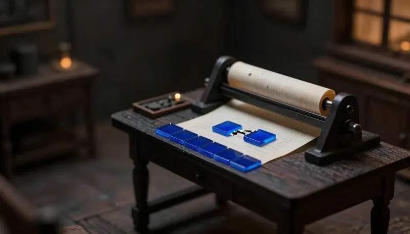 A miniature bindery shows a blade cutting a scroll into glowing blue tiles, one sliced mid-sentence with a word split across two pieces, depicting bad chunking as a rule cut in half.