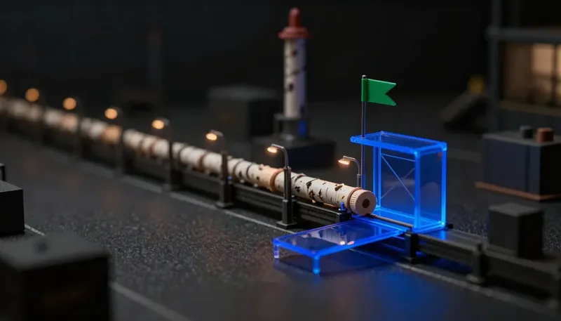A miniature factory line shows a part passing test gates automatically and arriving at a glowing blue loading dock untouched by hand, depicting every change tested and shippable the moment it merges.