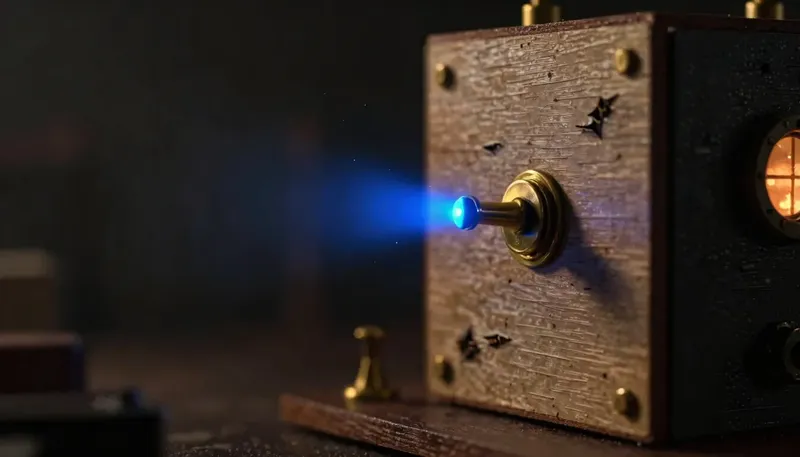 A brass switch lever has snapped open, freezing glowing blue sparks between disconnected contacts before reaching the machine beyond, illustrating a circuit breaker stopping a failing system.