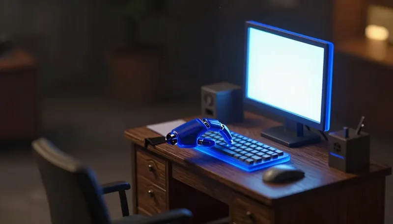 A miniature desk shows a glowing blue mechanical finger pressing buttons and dragging a marker across a tray beneath a blank glowing pane, depicting an agent clicking and typing as the fallback, not the goal.