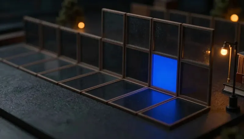 A figure carefully arranges brass tiles into a tray before feeding them into a glowing blue input slot, illustrating the deliberate shaping of information fed to an AI model.