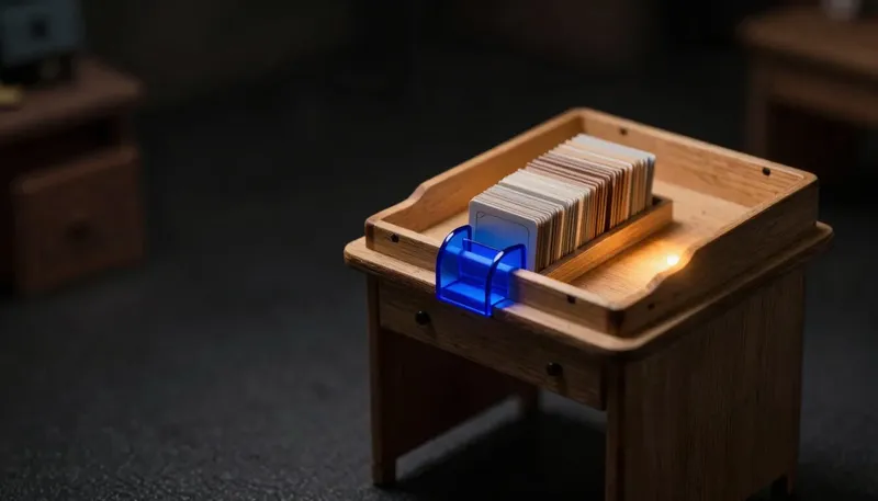 A miniature desk shows a fixed-size tray of cards with a glowing blue chute pushing the oldest ones off once it fills, depicting the context window as working memory where something gets dropped when full.