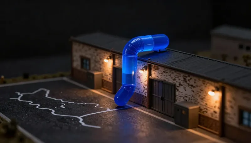 A miniature warehouse shows a storage vault sitting inside a marked regional border while a glowing blue tube carries a capsule straight over the wall to an unmarked box outside it, depicting data residency broken by an outbound call.