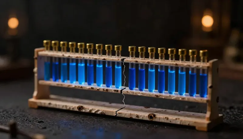 A row of brass sample vials changes from plain contents to glowing blue liquid across a hairline crack in the shelf, illustrating training data drifting away from real-world data over time.