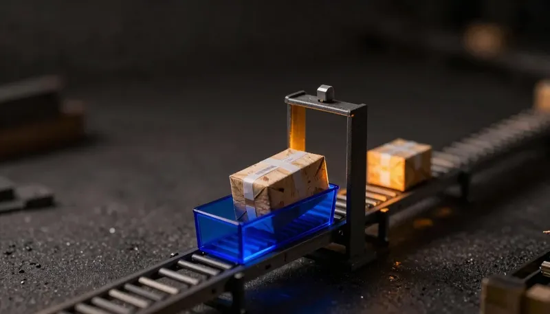 A miniature conveyor shows a parcel shunted off the main belt after three failed passes under a gate, landing in a glowing blue holding bin set apart, depicting a dead-letter queue as where failed messages go.