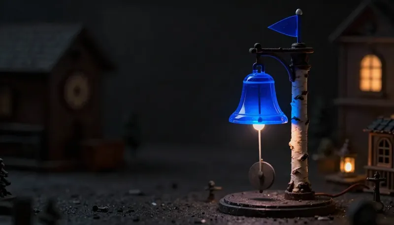 A miniature clockwork post shows a glowing blue bell staying silent while a pendulum swings and ringing only once it stops, depicting an alert that fires on silence rather than on an error.