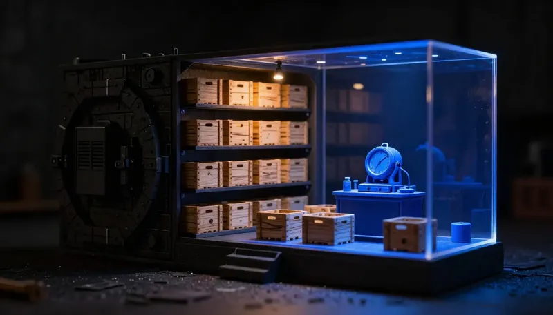 A miniature vault shows backup crates on a shelf beside a glowing blue rehearsal stage where a replica machine is timed-assembled from those crates, depicting disaster recovery as a rehearsed plan, not just backups.