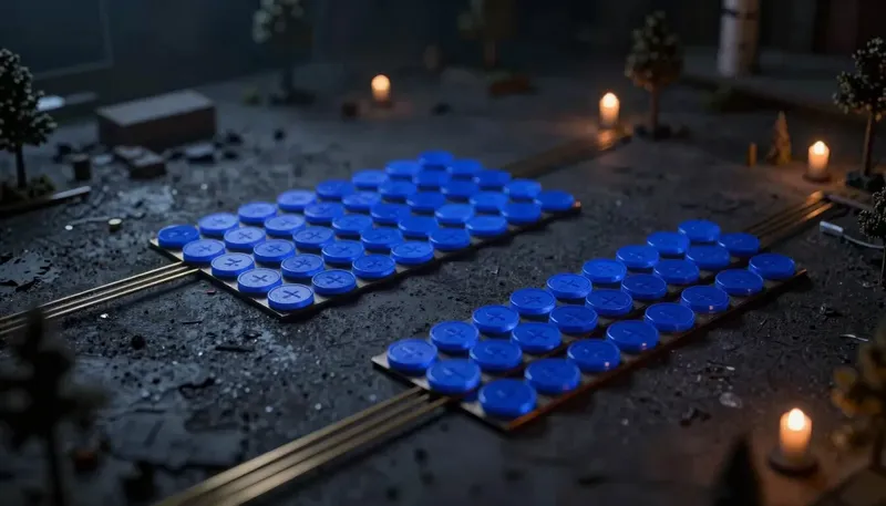 A tidy grid of glowing blue coordinate tokens slides out of its clusters along brass rails into overlapping positions, illustrating stored search embeddings drifting out of alignment over time.