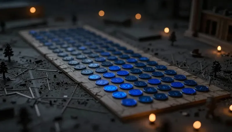 A figure presses a brass word-block into a glowing blue coordinate token, with finished tokens arranged by closeness on a grid, illustrating words converted into numeric representations.