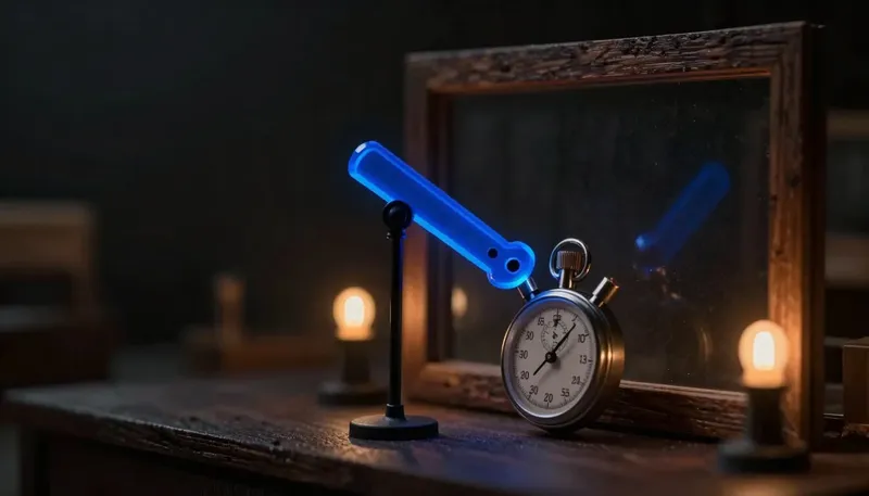 A miniature stopwatch rig shows a glowing blue trigger arm poised a hair from a cutoff lever, timed to snap the moment sound stops, depicting endpointing as the split-second guess behind a voice agent's timing.