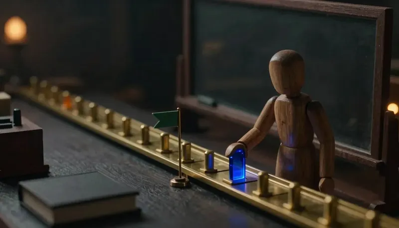 A figure slides a glowing blue answer-token through a row of brass pass or fail gates before it is allowed onto the build track, illustrating automated tests gating each change to an AI system.