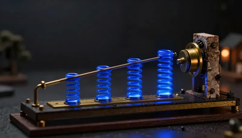 A figure retries a brass ratchet lever with each attempt shown as a shrinking glowing blue spring coil and a longer wait, illustrating retries spacing out after repeated failures.