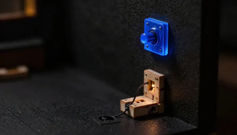 A miniature machine floor shows an installed but idle part powered by a single glowing blue wall switch reaching only one outlet while the rest stay dark, depicting a feature flag as a switch flipped for one user at a time.