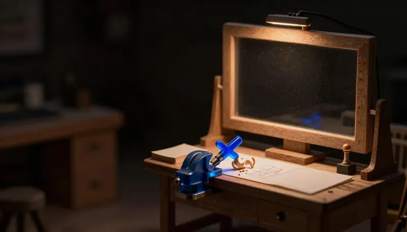 A miniature workbench shows a glowing blue filing tool shaving a stock part to match a pinned template, depicting fine-tuning as reshaping how a model answers, not what it knows.