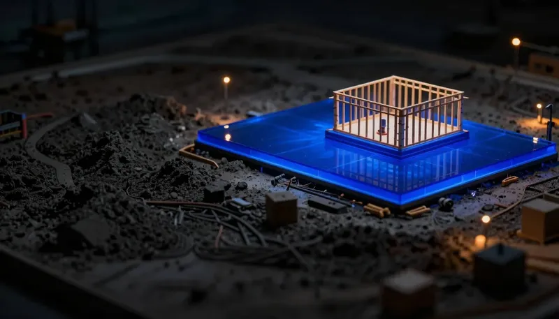 A miniature construction site shows one small birch room being framed atop a massive glowing blue foundation slab, depicting a foundation model as the base almost no one builds from scratch.