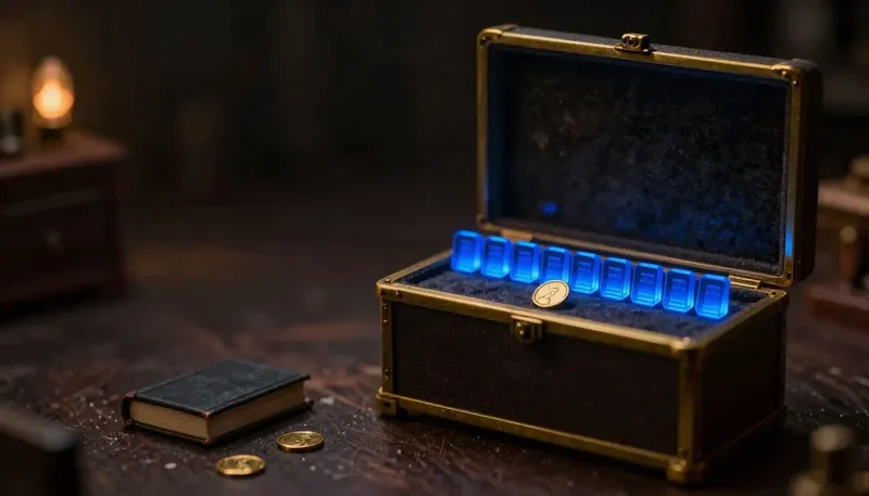 A figure compares a new brass token against a velvet case of glowing blue reference tokens, illustrating a trusted fixed set of correct answers used to check an AI system.