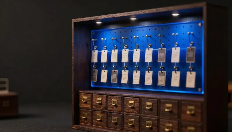 A miniature archive shows plain index drawers on one wall and a glowing blue pegboard of threads linking cards to each other on the other, depicting GraphRAG as answering how things connect rather than what one passage says.