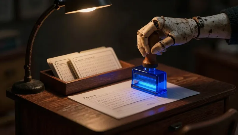A miniature desk shows a glowing blue stamping tool pressing card reference numbers onto an answer sheet after they were fetched, depicting grounding as proving an answer actually used the retrieved documents.