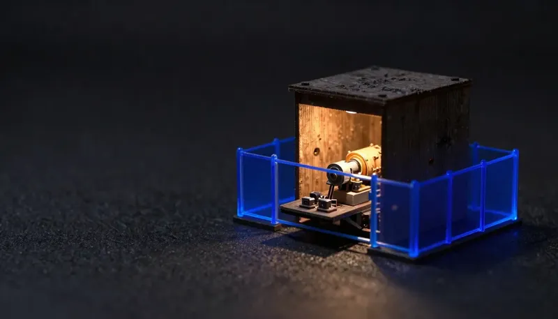 A miniature loading chute shows a machine producing parts freely while glowing blue fencing and a gate outside it block anything that fails to fit a template, depicting guardrails as checks around the model, not inside it.