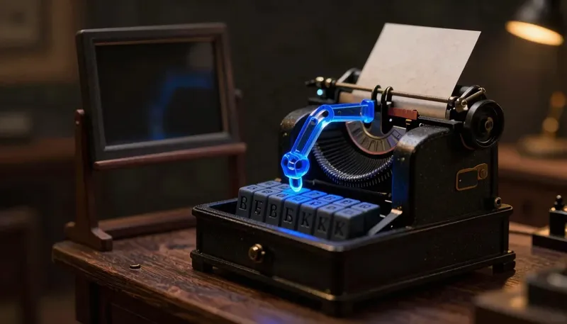 A miniature typewriter shows a glowing blue arm confidently stamping the next letter in a neat row even with its tile bin empty, depicting hallucination as the model finishing the sentence, not lying.