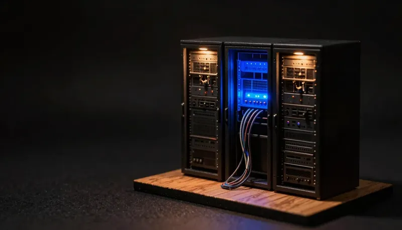 A miniature server room with a paired backup cabinet built in glowing blue acrylic, showing how a standby system takes over the instant the main one fails.