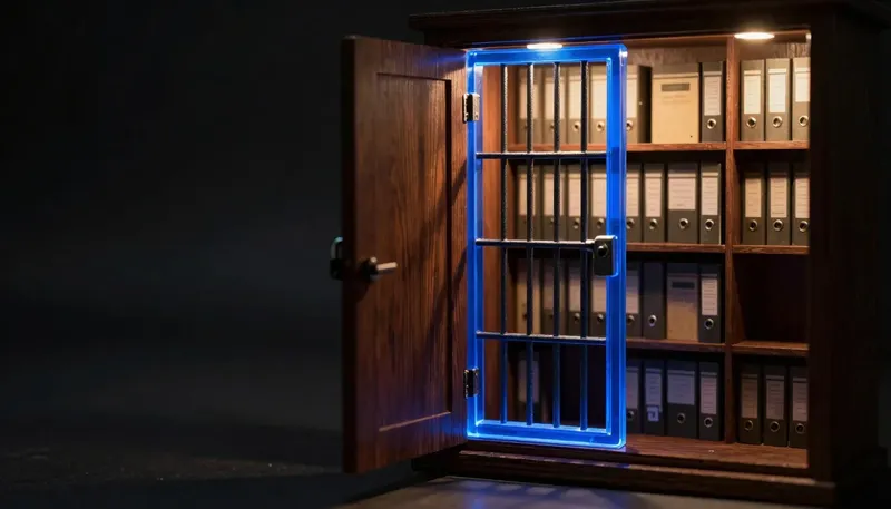 A miniature medical records vault with a locked inner cage built in glowing blue acrylic, showing the extra layer of protection required around health data.