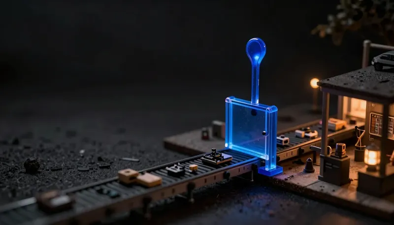A miniature conveyor lane stopped at a glowing blue hand-lever gate waiting to be pulled, showing human in the loop as a required manual checkpoint.
