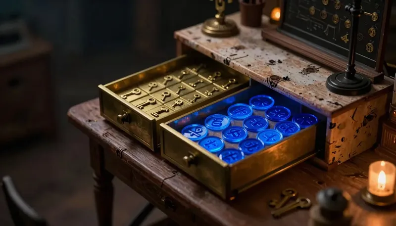 Two brass search drawers, one of exact-match key tiles and one of glowing blue meaning tokens, merge their results onto a central tray, illustrating keyword and semantic search combined.