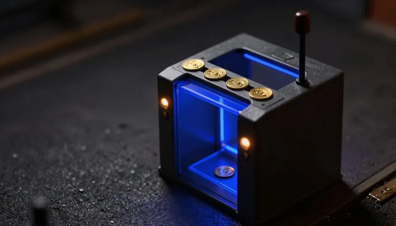 A miniature turnstile that only lets one ticket through no matter how many times it is inserted, the turnstile built in glowing blue acrylic, showing a request processed exactly once.