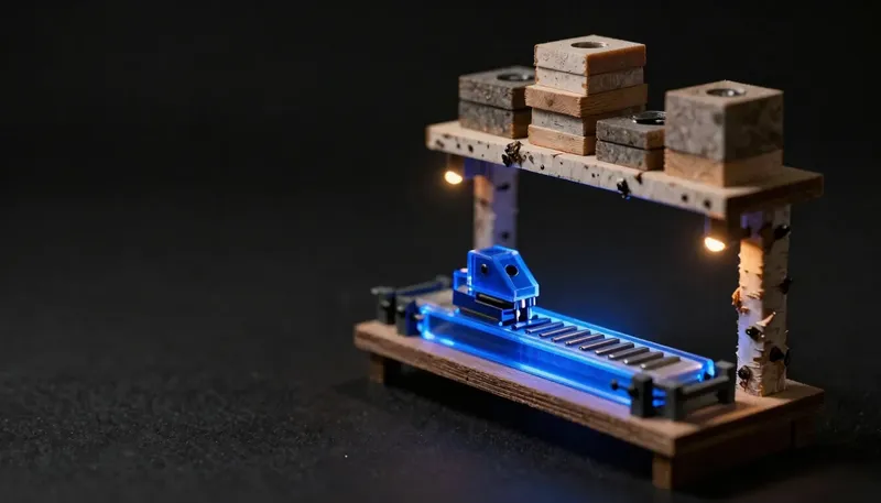 A miniature shelf of stored dies above one glowing blue active press stamping chips on a conveyor, showing inference as a trained model doing its repeated work.