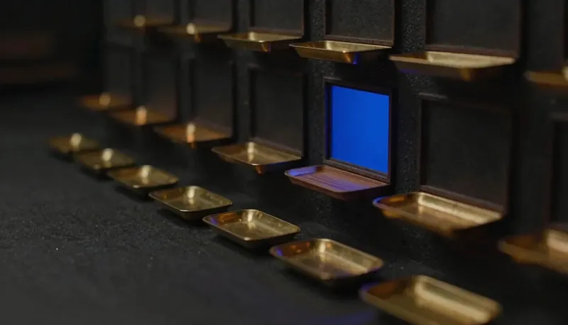 A figure feeds blank brass document tiles into a press that stamps each into a glowing blue sorted token dropping into labeled trays, illustrating documents automatically read and sorted.