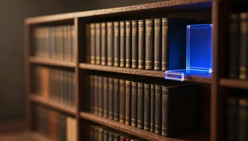 A miniature archive shelf of yearly almanacs that stops cold at a bracket built in glowing blue acrylic, showing the exact date where a model's knowledge ends.