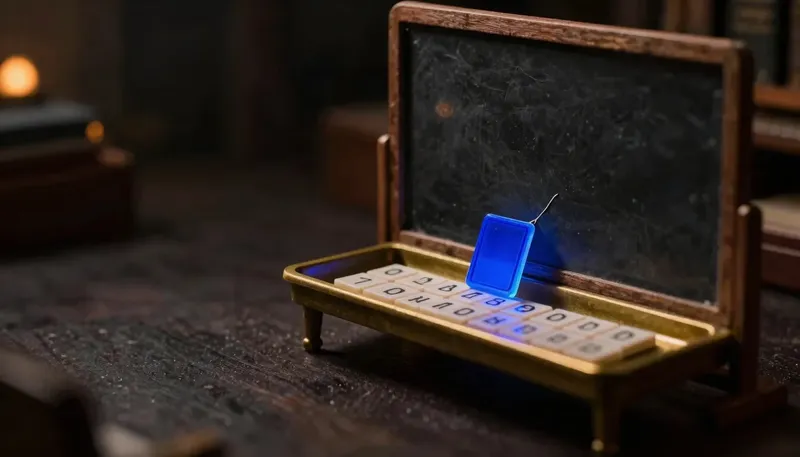 One glowing blue answer-key tile slips through a crack in a sealed glass panel into the input tray beside it, illustrating a model accidentally training on the answer it should predict.