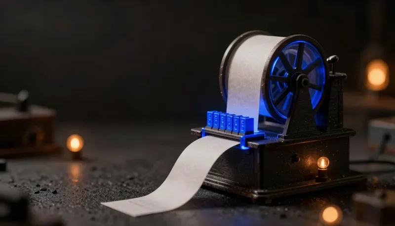 A miniature ticker-tape mill stamping one word after another with no reference shelf in sight, the type wheel built in glowing blue acrylic, showing a model that predicts text rather than looking anything up.
