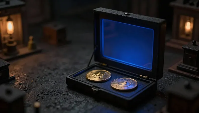 A faceless robed figure weighs two brass answer tokens on a glowing blue scale and stamps one with a seal, illustrating one AI model grading another model's answers.