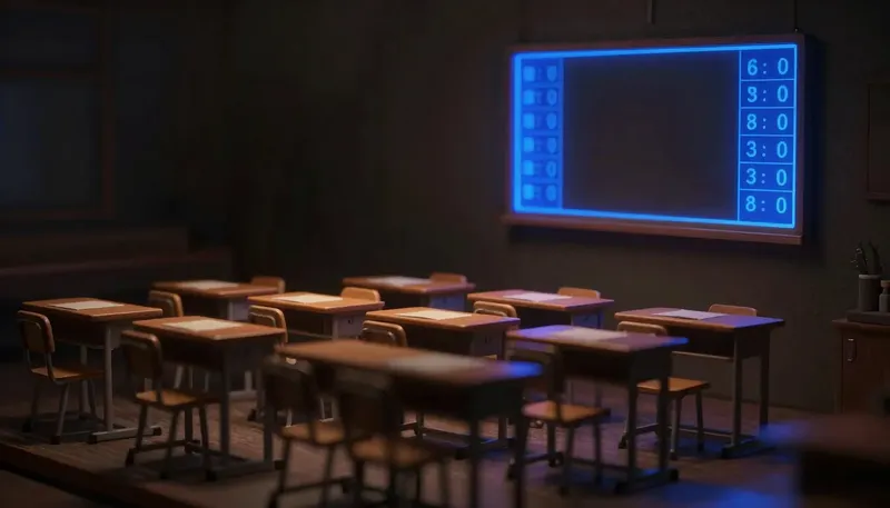 A miniature exam hall with a tallying scoreboard built in glowing blue acrylic, showing every model sitting the same public test.