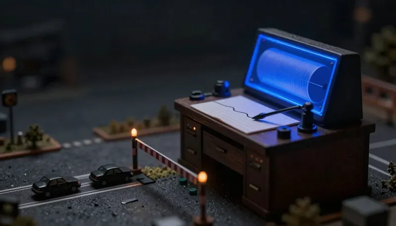 A miniature strip-chart recorder logging every checkpoint a carriage passes, the recorder built in glowing blue acrylic, showing the trail that explains a wrong answer after the fact.