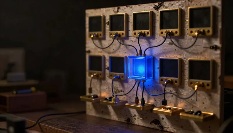Many brass tool-tray plugs converge into one glowing blue junction box where a figure connects a new plug, illustrating a standard connector protocol linking AI models to external tools.