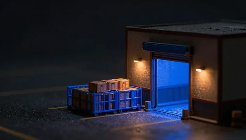 A miniature loading dock where crates wait in a holding pen between a fast chute and a slow gate, the pen built in glowing blue acrylic, showing a buffer that lets mismatched systems talk.