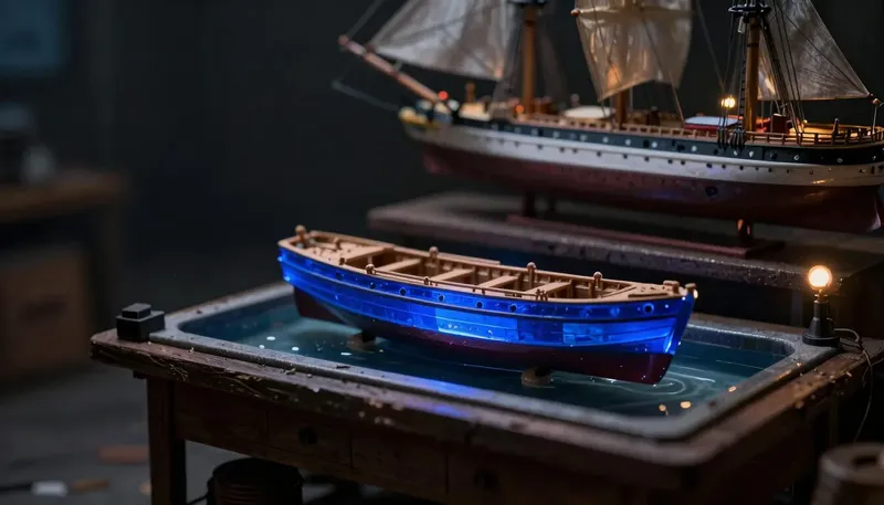A miniature bare-bones test boat floating in a tank while a finished ship model waits unused on the shelf, the test boat built in glowing blue acrylic, showing the smallest version that proves the idea works.