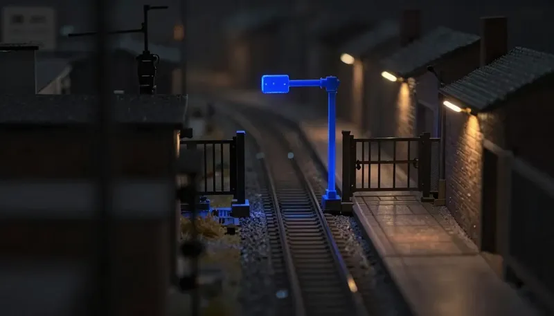 A miniature rail switchyard with a spare side track ready to take over at a lever, the spur track built in glowing blue acrylic, showing a backup model standing by if the main one fails.